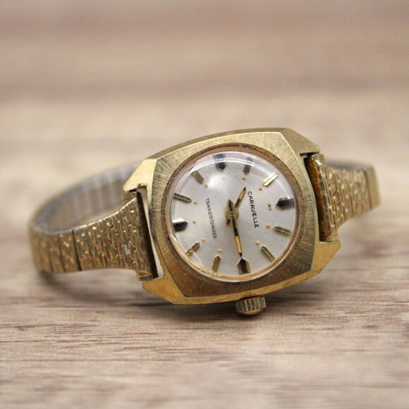 Vintage Caravelle By Bulova Watch Women Gold Tone Round Dial Stretch Band - Picture 5 of 8